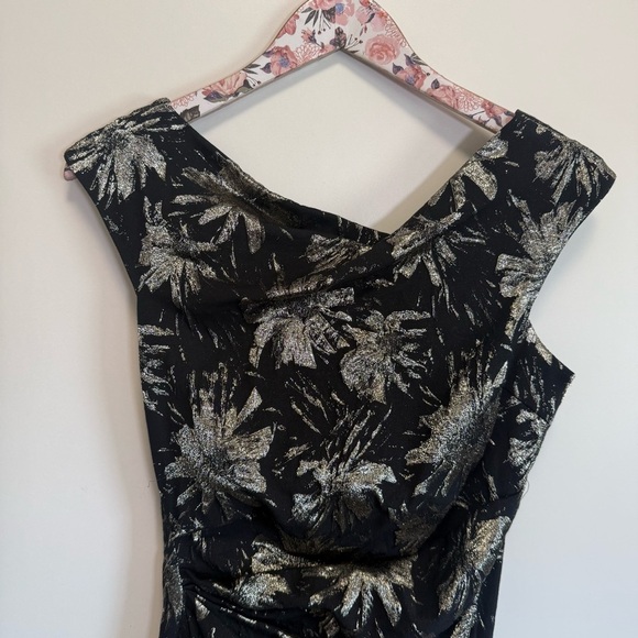 RICKIE FREEMAN TERI JON Black Gold Metallic Ruched Dress Asymmetrical Women’s 8 - Picture 3 of 12